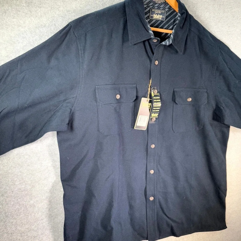 Levi's Overcoat Men's 2XL Navy Blue‎ Collared Long Sleeve Flap Pockets Button-Up